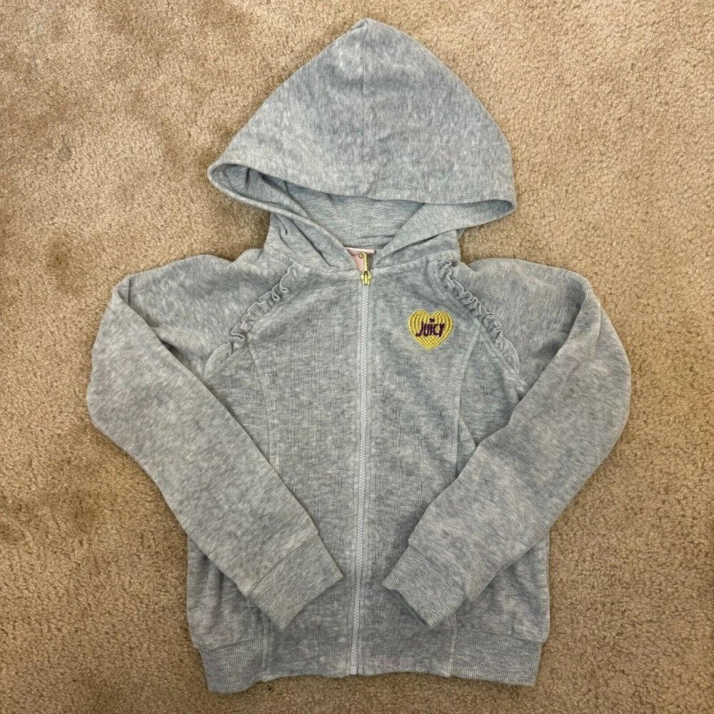 Juicy Couture Kids Girls Gray Ruffle Zip Up Velour Hooded Long Sleeve Jacket 6X